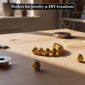 Perles de verre jaunes de style Murano, 16 mm |   Perles décoratives à pois bleus et accents floraux roses, longueur de brin de 8 pouces pour bijoux - Product Image 3