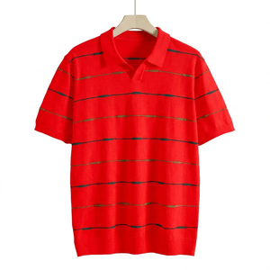 Polo en tricot rayé pour homme, manches courtes, décontracté, blanc avec des lignes vertes et dorées, coupe classique - Product Image 6