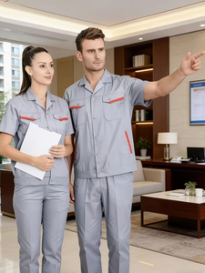 2026 New Summer Light Gray Contrast Short Sleeve Elastic Waist Cotton Oeko-Tex Certified Pants Set Unisex Workwear Suit - Product Image 2