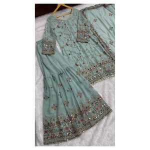 Kurti de georgette sintético con bordado de hilo, lentejuelas y zari, conjunto Sharara con dupatta, ropa étnica para bodas, fiestas y celebraciones para damas. - Product Image 6
