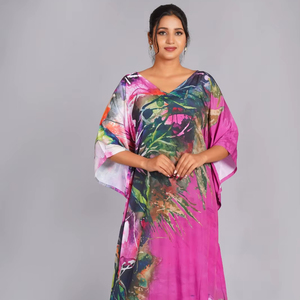 Women’s Floral Abstract <b>Kaftan</b> Dress – Magenta Watercolor Kimono Sleeve <b>Maxi</b> Gown Sleepwear - Product Image 1