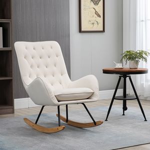 Poltrona a dondolo imbottita color crema in stile Mid-Century con schienale a orecchioni e base in legno di gomma, ideale per studio, camera da letto e relax - Product Image 2