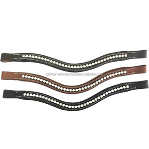 Black <b>Brown</b> Tan Premium Leather Horse Brow Band for Bridle with <b>Shining</b> clear Crystals Diamante Chain Bling Brow Band - Product Image 3