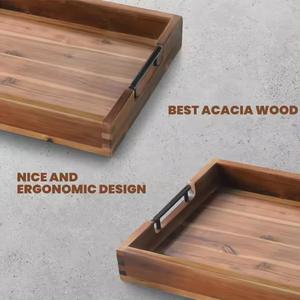 Plateau de service artisanal en bois d'acacia, style rustique, pour le thé, le café et le petit-déjeuner - Product Image 2