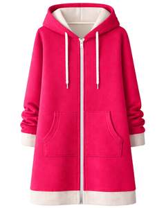 Sudadera larga con cremallera, color rosa intenso, abrigo con capucha de lana para mujer, ropa exterior informal de gran tamaño con bolsillos, OEM personalizado - Product Image 1