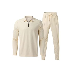 Ensemble de survêtement décontracté pour homme, haut à manches longues à demi-zip blanc avec pantalon à cordon de serrage, polyester léger, coupe classique, idéal pour le printemps - Product Image 1