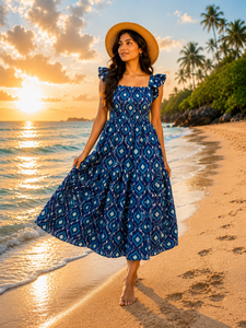 Women's 100% Cotton Floral Print Maxi Dress Blue Boho Beach <b>Spaghetti</b> Strap A-Line Breathable Summer Casual OEM ODM Manufacturer - Product Image 1