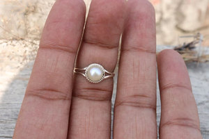 Minimalist Pearl <b>Ring</b> Silver Plated Brass Dainty Round Pearl <b>Thin</b> Band Elegant Handmade Jewelry for Women Gift - Product Image 2