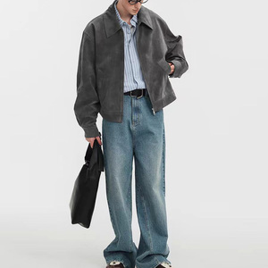 Blouson Bomber en Daim pour Homme, Col Rabattu, Fermeture Éclair, Style Décontracté Automne, Coupe Droite, Couleur Unie, Style Ample - Product Image 1