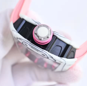 Montre sport et décontractée de luxe légère et entièrement squelettée de forme tonneau RM AMG Factory en rose et blanc, montre mécanique - Product Image 2