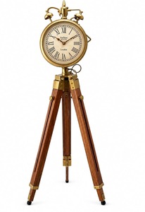 Horloge de sol nautique vintage sur trépied en bois, finition laiton, cadran à chiffres romains, style grand-père maritime antique - Product Image 4