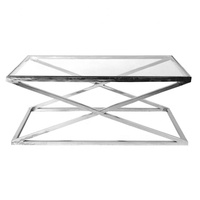 Nouvelle table basse élégante et moderne avec plateau en verre, finition nickel, acier inoxydable argenté, forme carrée, meubles de salon de qualité supérieure