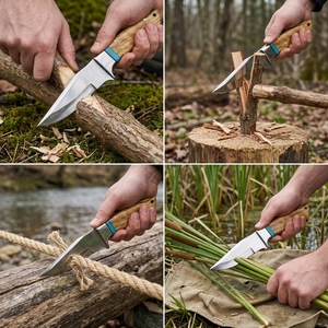 Cuchillo de caza de hoja fija hecho a mano, pulido a espejo, punta de clip, mango de madera de olivo, bolster de acero, funda de cuero con tejido de mimbre, para camping - Product Image 2
