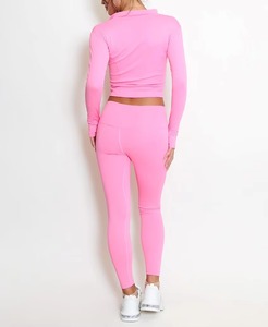 Wholesale Women's Full-Zip Breathable Solid Workout Jacket and Mid Waist <b>Leggings</b> 2 Piece Set for Yoga Fitness Gym - Product Image 3