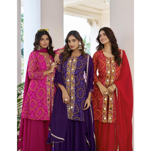 ชุดคุรตีพิมพ์ลายสีม่วงสำหรับผู้หญิงพร้อมผ้าคลุมไหล่ |   ชุดสูทงานเลี้ยงสไตล์ชาติพันธุ์สำหรับนักออกแบบ - Product Image 5