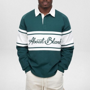 Men's Long Sleeve <b>Polo</b> <b>Shirt</b> Green White <b>Striped</b> Casual Knitted Cotton Breathable Front Logo Design - Product Image 1