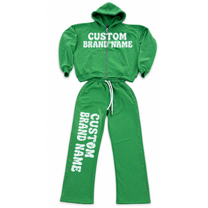 Wholesale Acid Wash Solid for Rhinestone Tracksuit <b>Set</b> Zip Hoodie Jogger Streetwear Style Raised Lettering Casual - Product Image 3