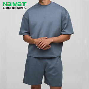 Ensemble T-shirt et short en coton épais surdimensionné pour homme, tenue décontractée d'été à épaules tombantes, ensemble deux pièces de survêtement et de détente - Product Image 1