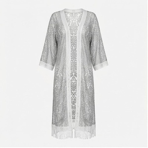 Women's Floral <b>Lace</b> <b>Kimono</b> With Fringe Hem V-Neck Open Front Bathrobe Breathable Lightweight Cover Up For Beach Or Lounge Wear - Product Image 3
