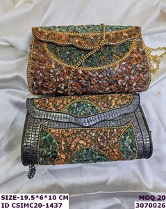 Handmade Stone Chip Embellished Craftstages International Clutch Purse Metal Chain | Designer Evening <b>Wedding</b> Party <b>Handbag</b> - Product Image 1
