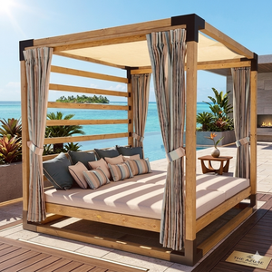 Cama de Día de Diseño Contemporáneo en Madera de Teca, Personalizable, para Exteriores, con Cortinas, para Piscina, Resort, Hotel, Patio - Product Image 1