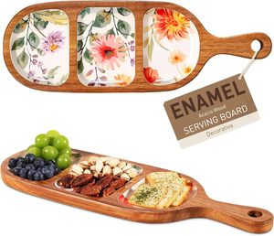 Bandeja de Servir Desechable con Esmalte Floral para Bodas, de Madera de Acacia, con 3 Compartimentos, Cuadrada, para Queso, con Asa Decorativa, Apta para Lavavajillas - Product Image 1