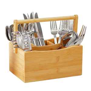 Organisateur de couverts en bois avec poignée, support rustique pour couverts, boîte de rangement multi-compartiments pour ustensiles de cuisine, caddy de table - Product Image 2