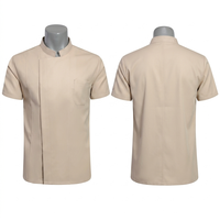 Unisex Kochuniform 220 GSM Gewebte Poly-Baumwolle Beige Kurzarm Stehkragen Tunika Siebdruck Bestickt Maßgeschneidert