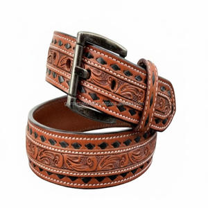 Cinturón de Cuero Genuino 100% para Hombre, Tallado a Mano con Diseño Floral en Relieve, con Hebilla de Rodillo, Garantía de por Vida - Product Image 2