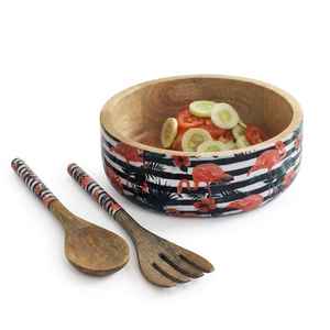 Juego de Ensaladeras de Madera Hechas a Mano con Diseño Meena, Patrón de Flamencos, Tazón Decorativo para Servir con Cuchara y Tenedor de Madera - Product Image 1