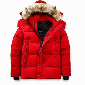 Chaqueta de Plumón Roja para Hombre con Capucha y Ribete de Piel, Cortavientos, Abrigo de Invierno, Estilo Casual, Corte Regular, Cierre de Cremallera - Product Image 1