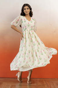 Robe midi en mousseline à imprimé floral et col en V avec manches bouffantes, coupe trapèze ample, décontractée pour l'été, magnifique pièce élégante - Product Image 2