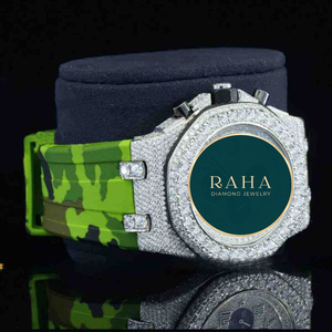 Bracelet de montre de luxe pour homme en acier inoxydable avec boucle diamantée 20 mm, motif camouflage vert et noir, mouvement à quartz, moissanite et saphir - Product Image 3