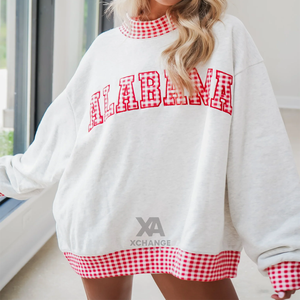 Sudadera de Cuello Redondo 100% Algodón para Mujer, Mezcla de Algodón, Tejido de Punto, Corte Regular, Detalles en Guingán Rojo, para Otoño - Product Image 4