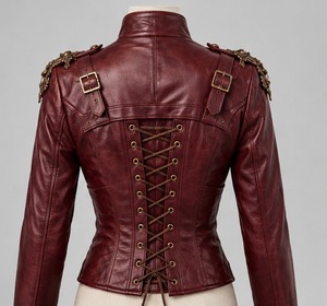 Women's <b>Burgundy</b> Maroon <b>Leather</b> <b>Jacket</b> Full Sleeve Stand Collar Button Closure - Product Image 3