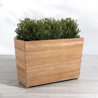 Grand bac à plantes rectangulaire en bois avec feuillage vert dense, jardinière surélevée rustique pour extérieur, aménagement paysager décoratif pour la maison