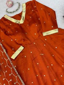 Red Traditional Indian <b>Wedding</b> Anarkali <b>Suit</b> Gold Embroidery Dupatta <b>Women</b> Floor-Length Loose Fit Heavy Vichitra Silk Quick Dry - Product Image 4