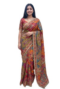 Traditional Indian <b>Satin</b> Saree with Resham thread work saree Jari work For Wedding Occasion Women's Floor Length Saree - Product Image 4