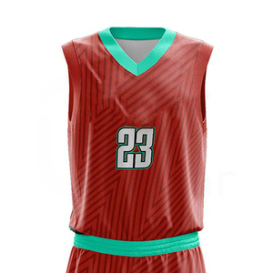 Ensemble de maillots de basket-ball sans manches unisexe Rouge avec bordure verte Impression sublimée Évacuation de l'humidité 100% polyester Coupe athlétique - Product Image 3