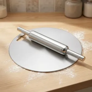 Ensemble Chakla Belan en acier inoxydable pour la cuisine, planche à rouler ronde en acier avec rouleau à pâtisserie en acier inoxydable, robuste et résistant à la rouille - Product Image 6