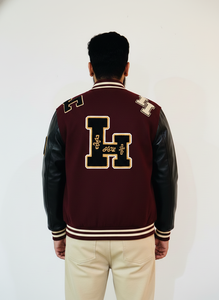 Custom Men's Melton Wool Varsity <b>Jacket</b> with Leather Sleeves Patchwork Design Stand <b>Collar</b>-Windproof & Waterproof Wholesale - Product Image 2