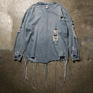 Wholesale Distressed Tee Shirt Women Summer Street Distress T-Shirt Ladies Long Sleeve Denim Cotton Distressed TShirt Women's - Product Image 3