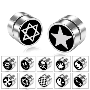 stainless steel Dumbbell Men Hip Hop Punk Black grid Smiling Face <strong>Magnetic</strong> Stud EarRings no ear <strong>piercings</strong> - Product Image 2