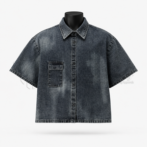 Camisa de mezclilla negra vintage para hombre, de manga corta, con botones, fabricante de ropa de marca privada OEM ODM - Product Image 1