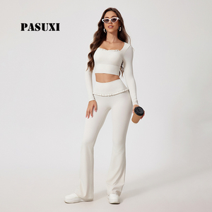 PASUXI Set Yoga Donna Effetto Nudo con Scollo Quadrato, Vita Alta, Asciugatura Rapida, Maniche Lunghe, per <span class=keywords><strong>Palestra</strong></span> Corsa <span class=keywords><strong>Allenamento</strong></span> - Product Image 1