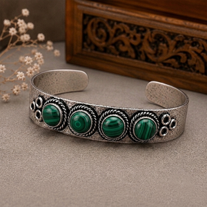 Malachite Aura Hydro Stone Four Stone Wide <b>Cuff</b> Bangle Handmade Brass Vintage <b>Silver</b>/Gold Plated Unisex Statement Fashion - Product Image 5
