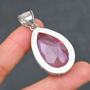 Magnifique pendentif en kunzite rose, pierre précieuse créée en laboratoire, forme poire 20x30mm, en argent sterling 925, fait main, style bohème, très demandé - Product Image 2
