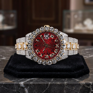 AMBER JEWELS T-3808 Luxury Unisex Quartz <b>Watch</b> 46mm Case <b>Red</b> Dial Sapphire Crystal Lab Grown Band Buckle Clasp Vintage - Product Image 1