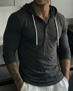 Unisex Vintage Style Casual Plus Size Comfortable Skin-Friendly Trendy Home Wear Button-<b>Up</b> Hooded Long Sleeve Henley Hoodie - Product Image 1