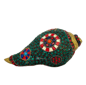 Traditional brass shankh embellished with colorful <b>mosaic</b> stone work, available at wholesale prices. - Product Image 1